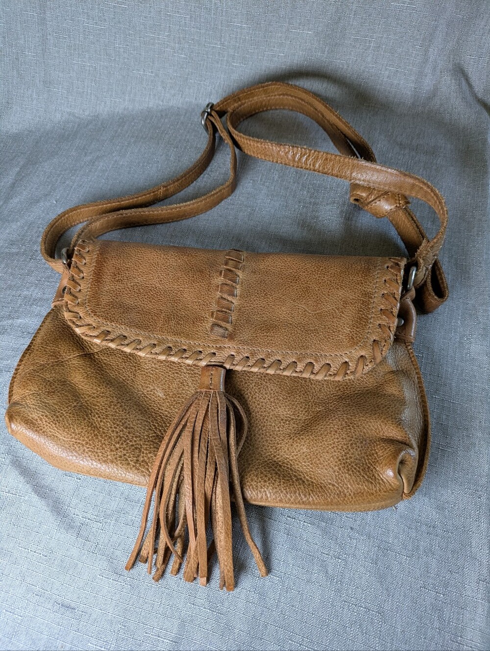 Latico Tan Genuine Leather Boho Crossbody Bag Whipstitch Tassel Flap Shoulder